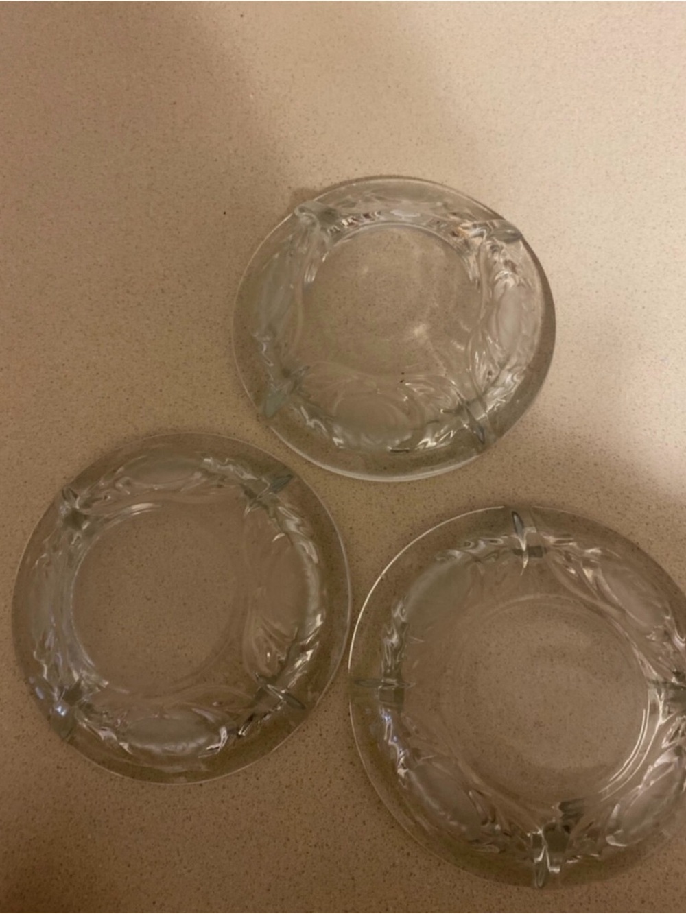 Vintage MCM KIG Indonesia Nesting Ashtray 3 pc 6” Crystal Etched Rose Pattern